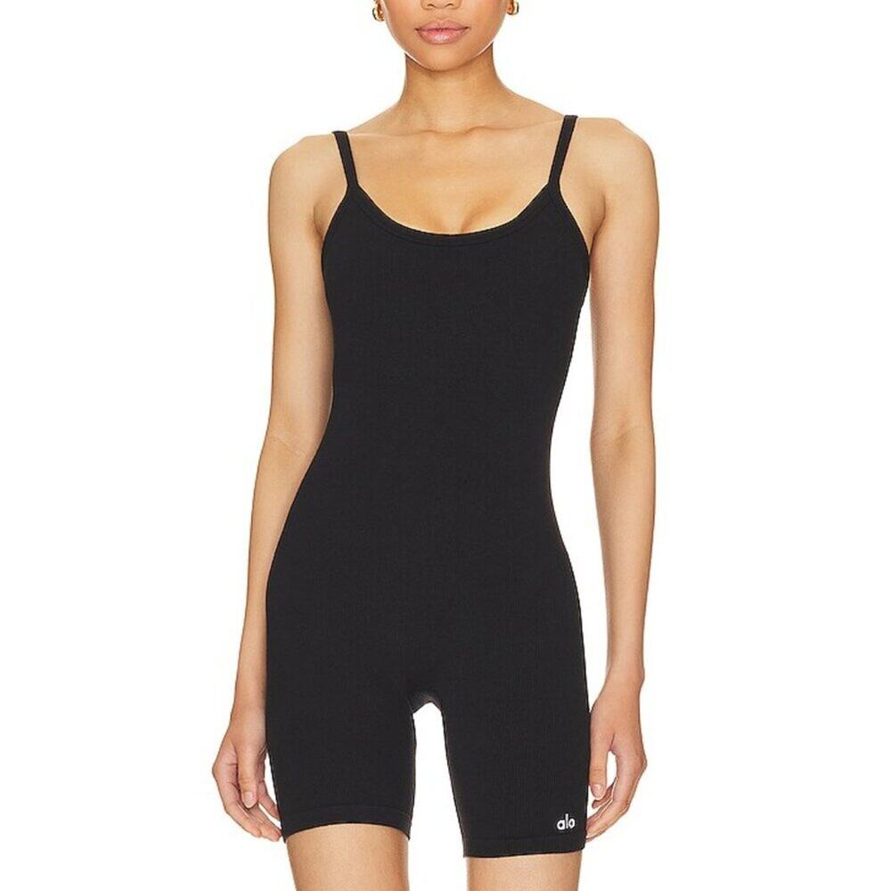 ALO Yoga Black Ribbed Tank Romper Jumpsuit